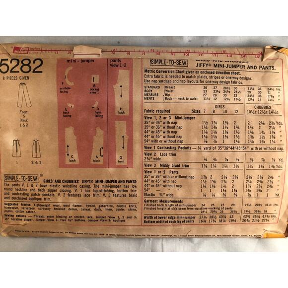 VINTAGE,SIMPLICITY,1972,JUMPER & PANTS,#5282,SIZE 10,BRT 28 1/2,WST 24 1/2,GIRL - Picture 2 of 2